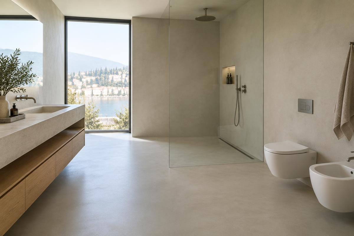 Bagno con pavimento, pareti e doccia rivestiti in resina chiara